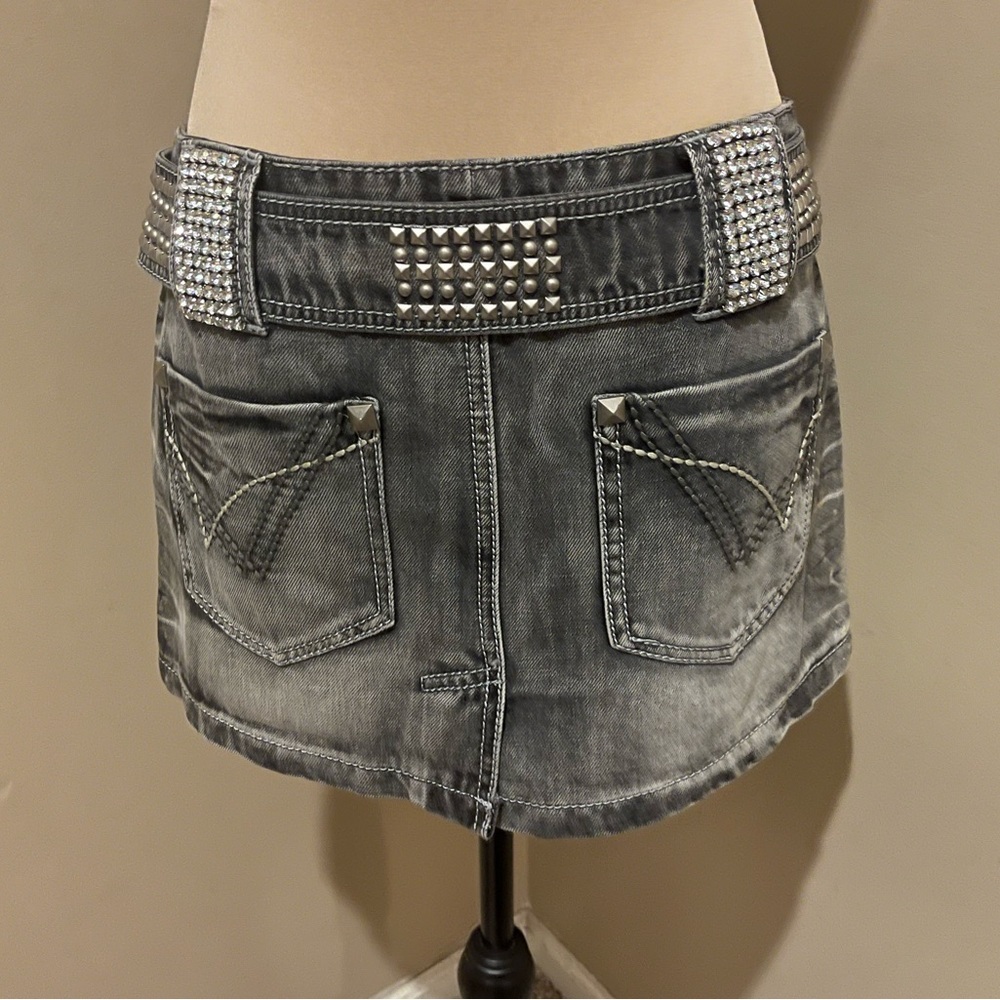 Capture Denim Studded Washed Black Denim Mini Skirt w/ Rhinestone Belt, Medium - Picture 2 of 10